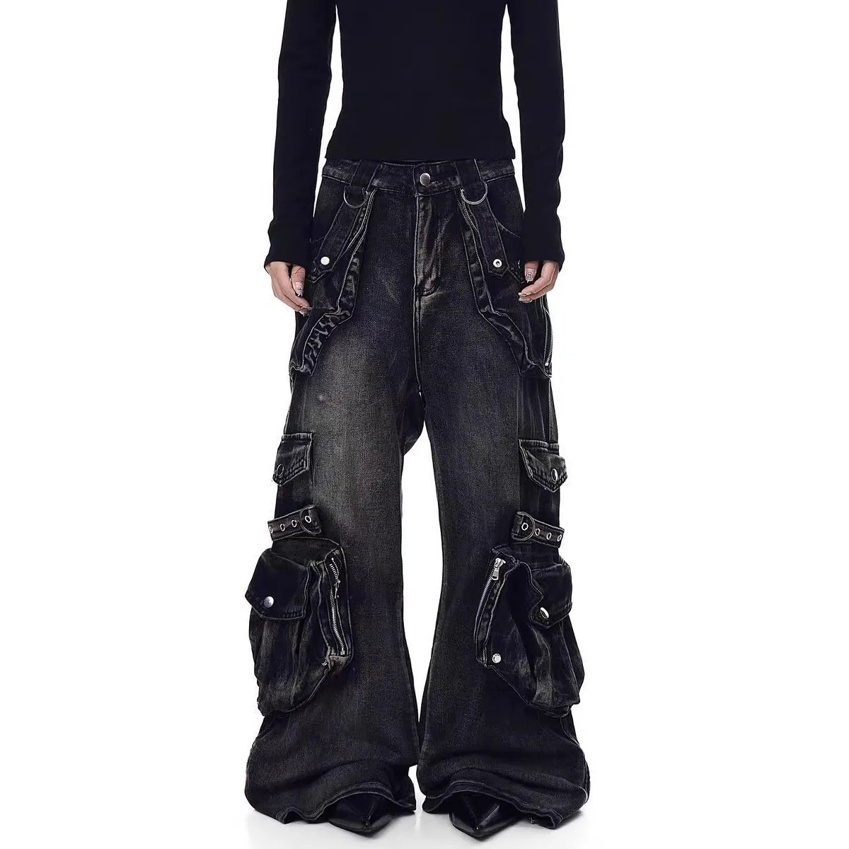 2026 Multi-pocket Design Sense High Street American Tooling Jeans Women's Wide Legs Loose Washed Old Pants Solid Female Trousers