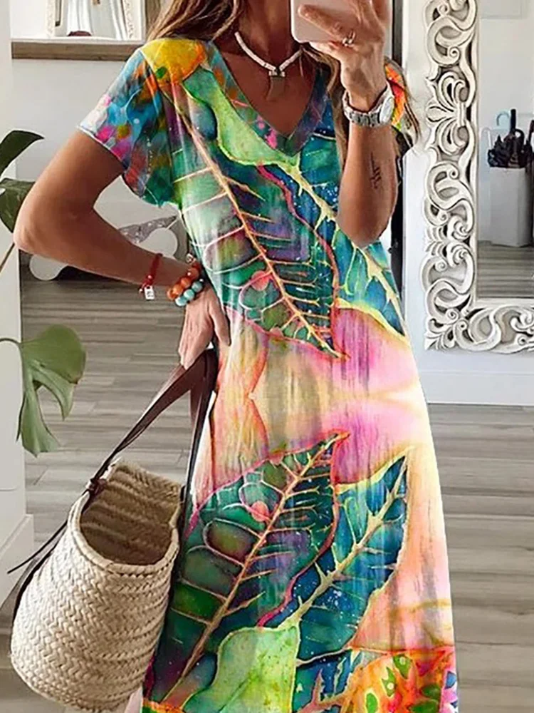 2022 Women Summer Casual Short Sleeve Vintage Printing Long Party Dress V-Neck Loungewear Split Ladies Dress Streetwear Vestidos