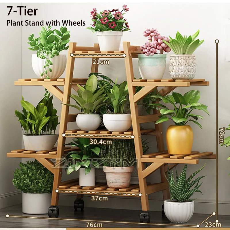 Multi Tier Rolling Bamboo Plant Stand Thickened Flower Pot Shelf Indoor Outdoor Plant Display Stand forLiving Room Balcony Patio view 4