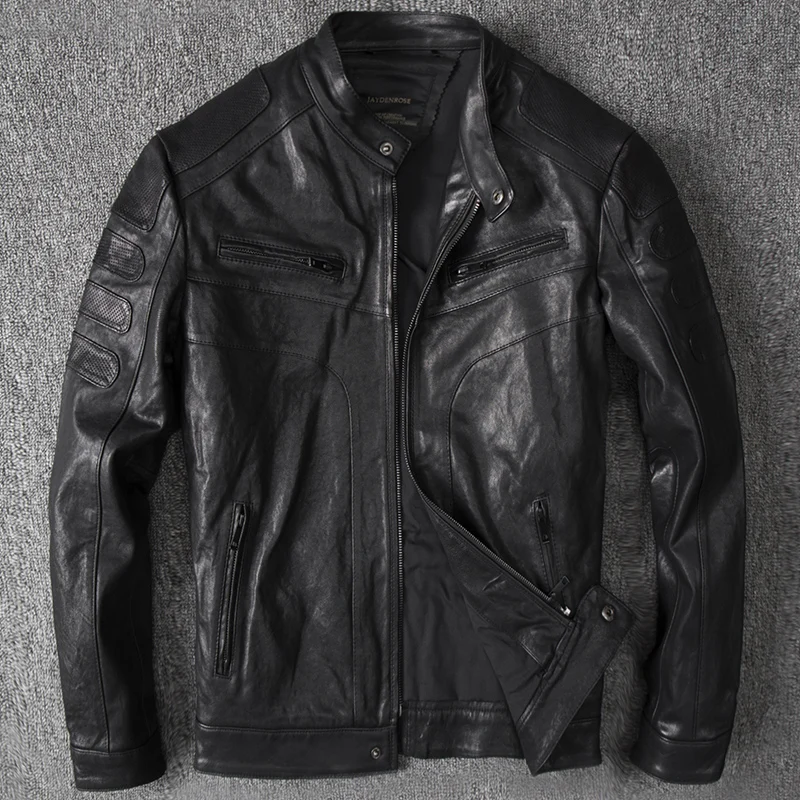 

Vegetable Tanned Sheepskin Genuine For Men Short Style Stand Up Collar Slim Fit Leather Jacket