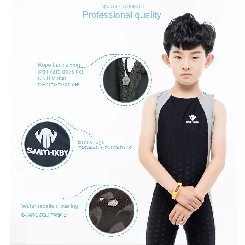 HXBY Swimwear Boys Competitive Swimming One Piece Swimsuit Knee Boys Swimsuits Bathing Suit Swim Wear
