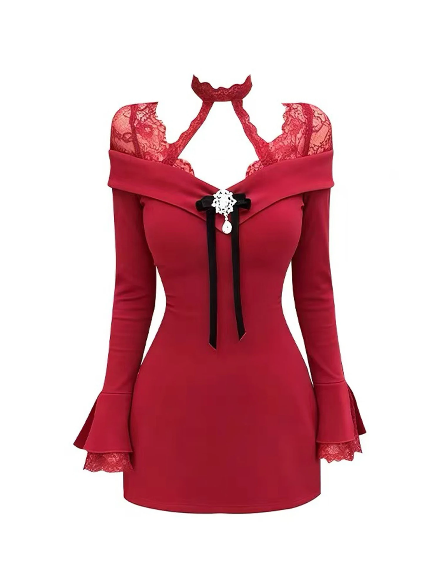 

Женское рождественское красное облегающее мини-вечернее платье, винтажное элегантное кружевное лоскутное платье для дня рождения, цельное платье Y2k, одежда