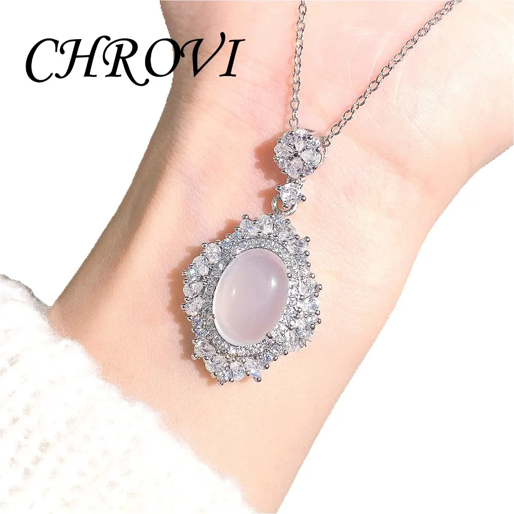 Luxuriöse Halskette aus 925er Sterlingsilber mit weißem Chalcedon-Cabochon für Damen, elegante Achat-Schlüsselbeinkette – Detail 7