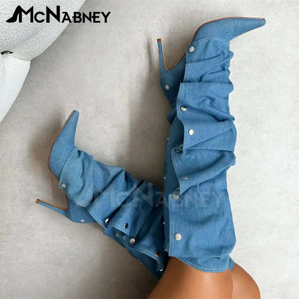 

Denim Pleated Knee Boots Button Pointed Toe Zipper Boots Novelty Design Fashion Style Denim Boots Custom Large Size for Women