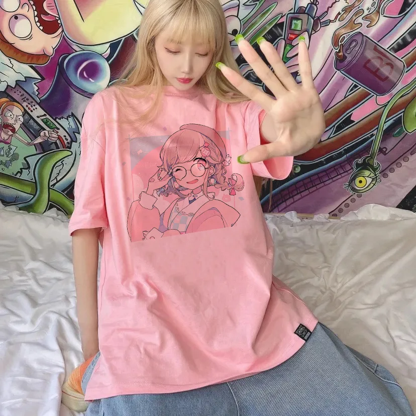 Harajuku Gothic Kawaii Anime Graphic Printed Women maniche corte top Streetwear Casual allentato o-collo Oversize t-shirt Unisex