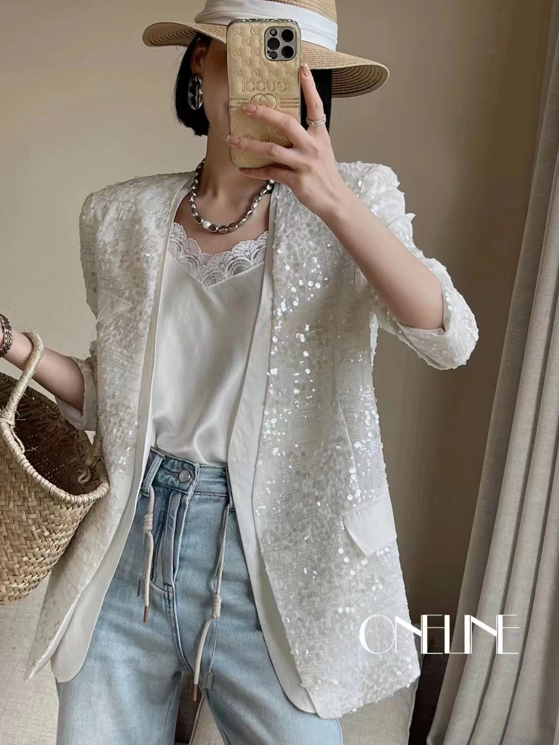 

Women New In 2023 Korean V-neck Sequin Tailored Jacket Women's Mid Length Shiny Party Casual Sparkling Blazer Top Clothing