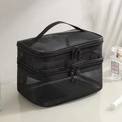 Large Capacity Portable Bilayer Mesh Cosmetic Bag Transparent Black Nylon Makeup Pouch Travel Storage Toiletry Organizer