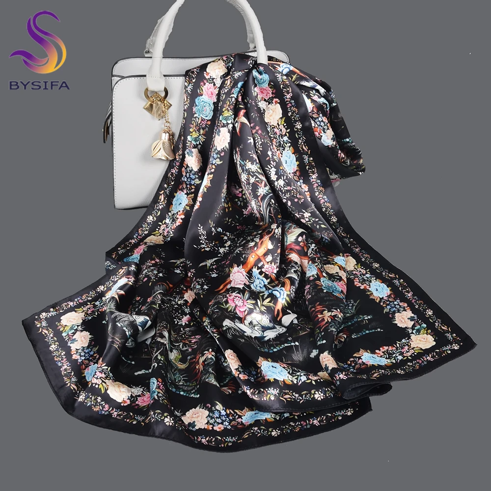 

BYSIFA|Brand Black 100% Mulberry Silk Scarf Shawl Women Fall Winter New Floral Bird Design Fashion Long Scarves Echarp170*53cm