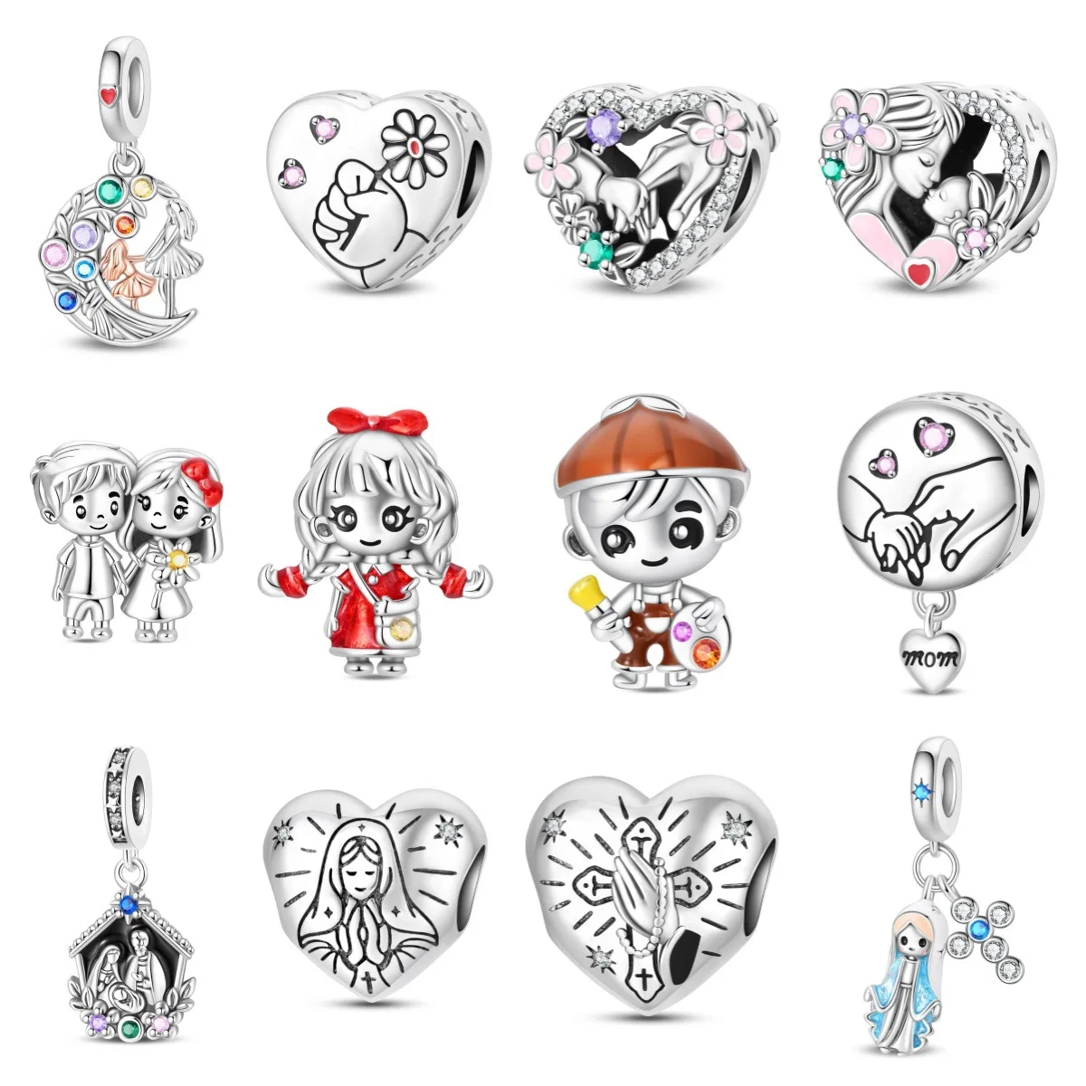 Breloques Originales Plaqué Argent Perles pour Bracelets Breloques de Sac DIY Accessoire Cadeau Femme Maman Enfant Couple Prière Pendentif Cristal