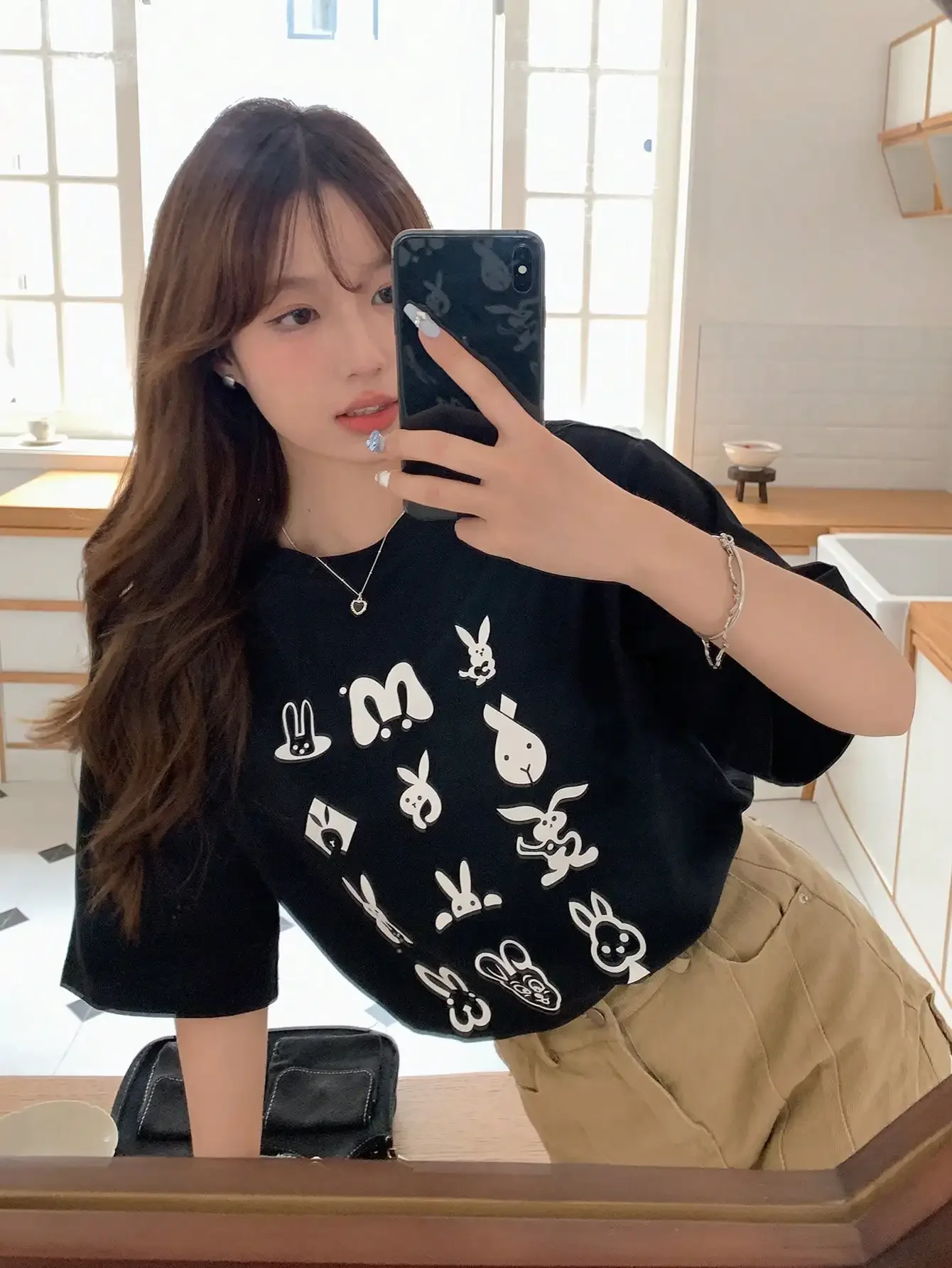 

Cute Rabbit Cartoons Prints Female Cotton Short Sleeve Creativity Funny Casual Clothing Oversize Trend All-math Womens T-Shirts