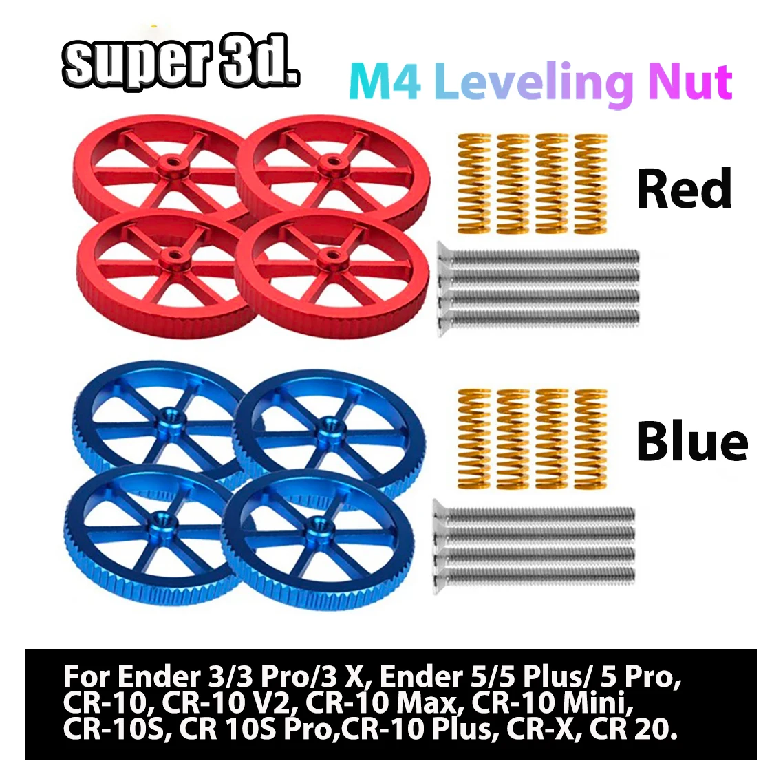 

4PCS Upgraded Aluminum Hand Twist Leveling Nut with Hot Bed Die Springs and M4 Screws For Ender 3/5 Pro CR-20 3d Printer Parts