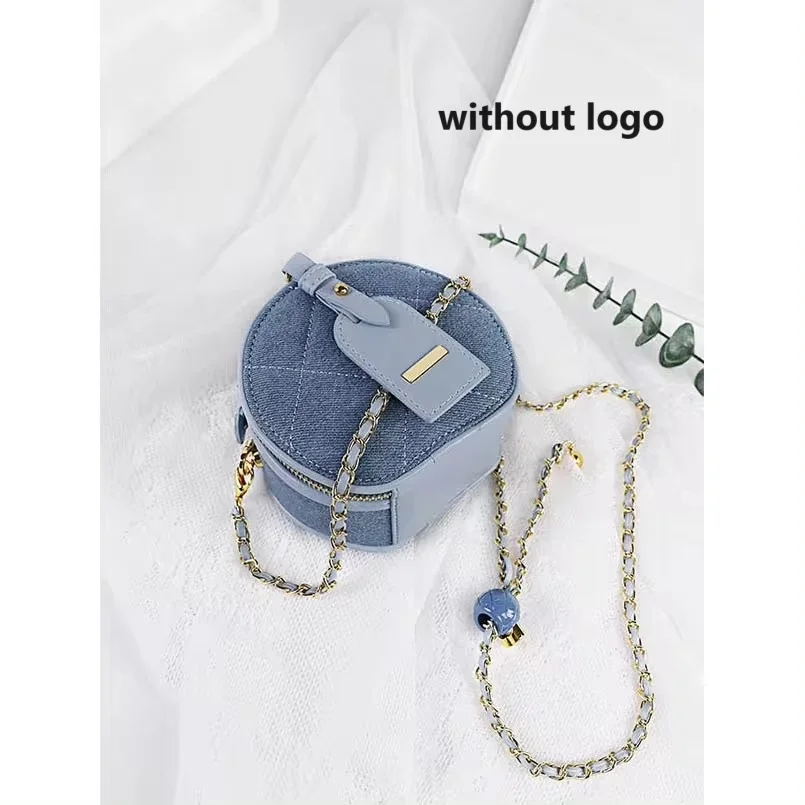 Denim Retro Unisex Blue Rhombic Lattice Golden Ball Handbag Shoulder Crossbody Bag Round Chain Mini Jean Female Purse