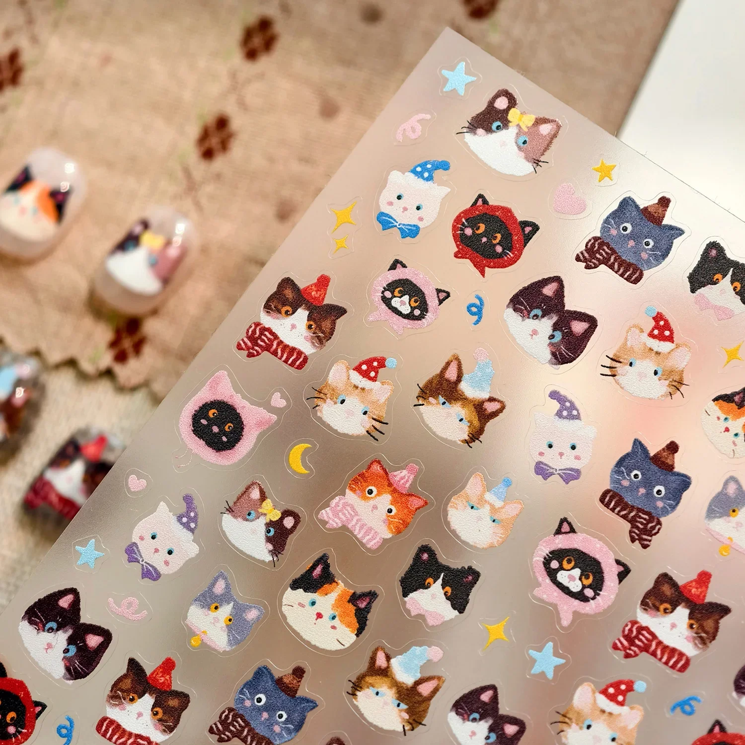 귀여운 고양이 파티 달 별 만화 3D 셀프 접착 네일 아트 스티커 사랑스러운 모자 스카프 나비 매듭 새끼 고양이 매니큐어 데칼 도매