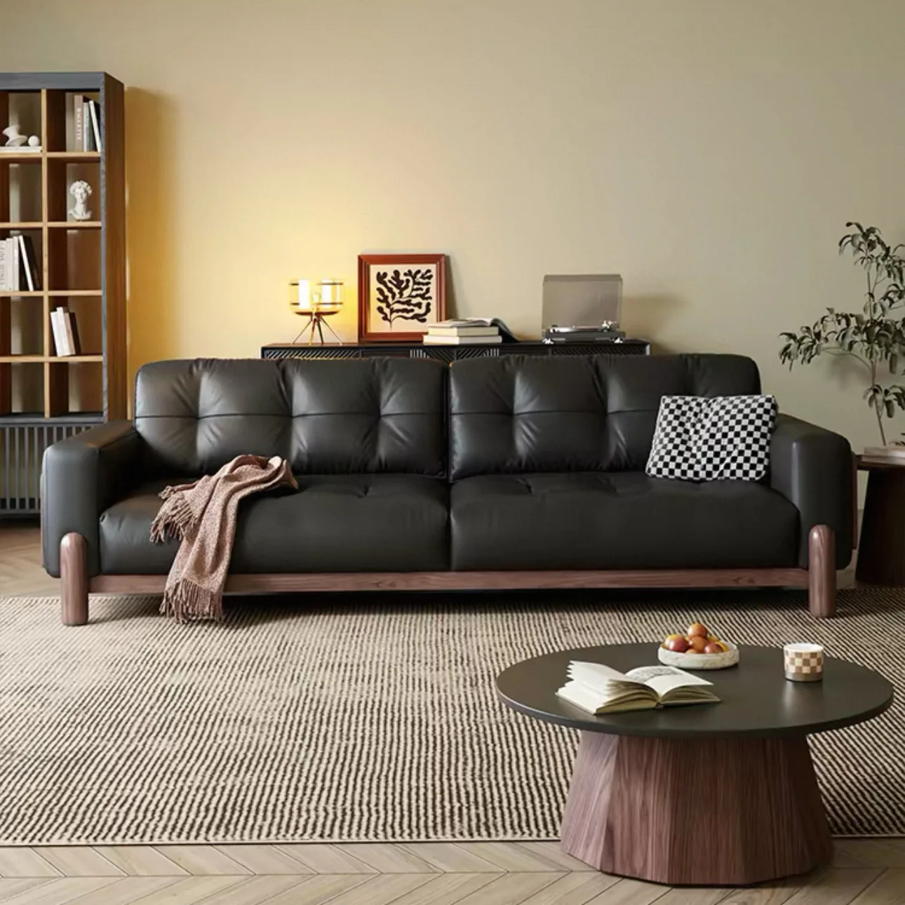 Jinyuan rice cake leather sofa black first layer cowhide living room retro straight row high-end solid wood sofa