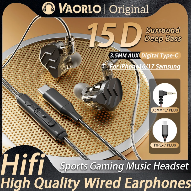 15D Super Bass In Ear Headphone Wire Controlled With Mic 3.5mm AUX/Type-C Digital Chip New Headset for iPhone17 Samsung Android
