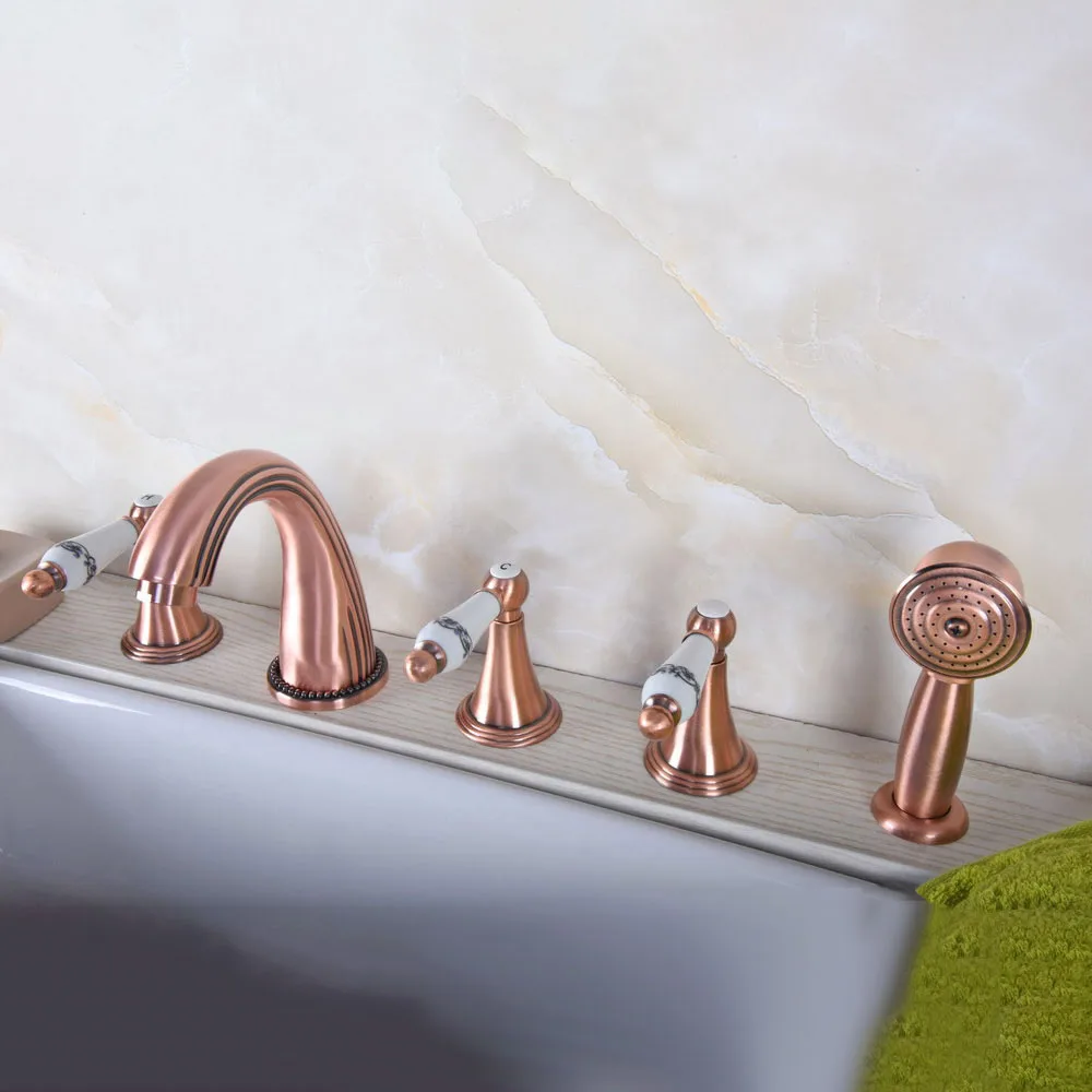 

Antique Red Copper Bathroom Roman Tub Faucet Deck Mount Bathtub Widespread 5 Holes Hand Shower Mixers Tap Ltf194