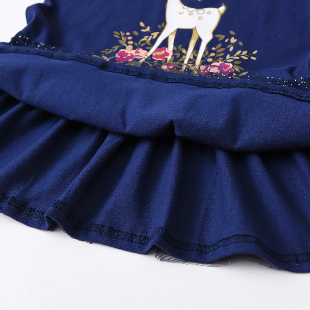 DXTON Autumn Girls Dress Deer Cartoon Print Kids Dress Butterfly Floral Toddlers Flare Sleeve Dress Baby Casual Cotton Clothing