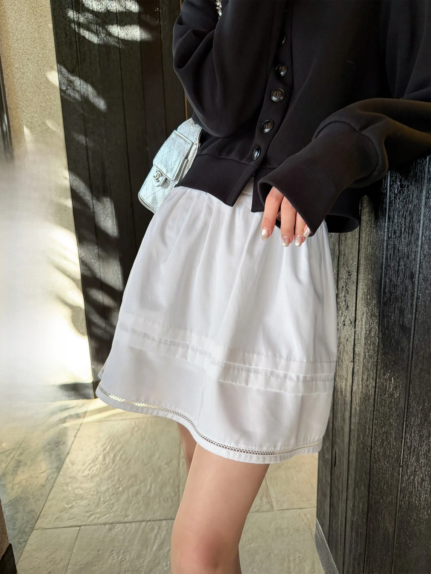 

White Embroidered Hem Elastic Waist Short A-Line Skirt Elegant Simple Design Polyester Fiber High Waist UKILAU Brand