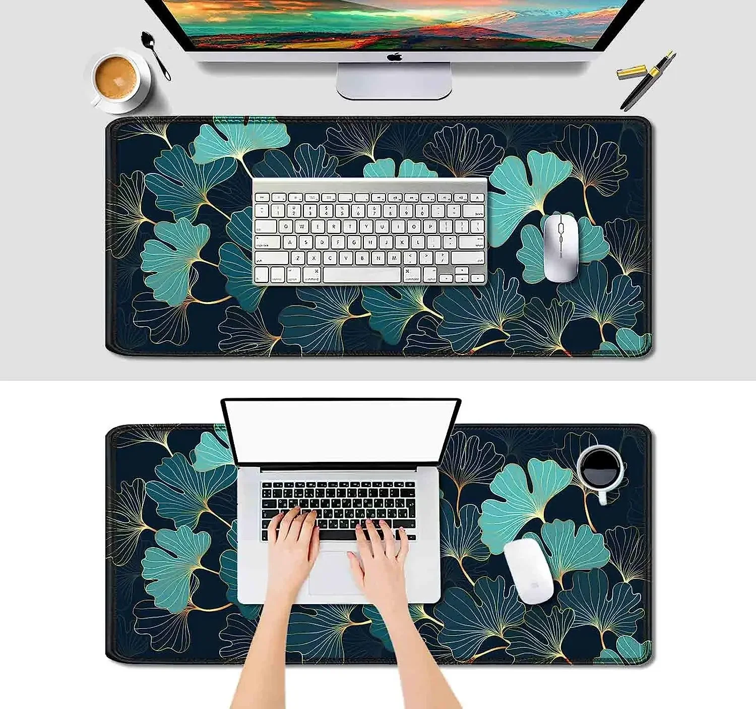 Imagem -04 - Gaming Grande Mouse Pad Mesa 35.4x15.7 Tamanho Grande Linhas Douradas Ginkgo Plantas Arte Mouse Pads Longo Antiderrapante Base de Borracha Mousepad