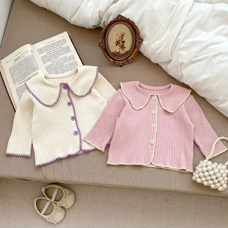 Korean Style Autumn Spring Children Clothing Suit Long Sleeved Cardigan Coat Flared Pants Baby Girl Knitting Clothing Set