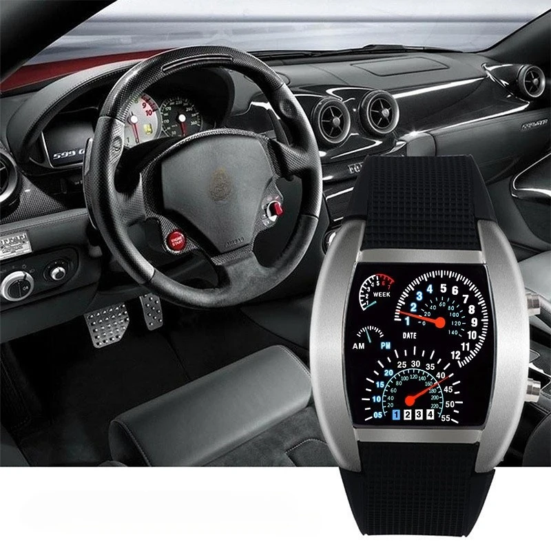 Orologio binario per auto alla moda da uomo Orologi digitali a led Orologi da polso elettronici multifunzione da uomo che imitano un orologio da cruscotto da corsa