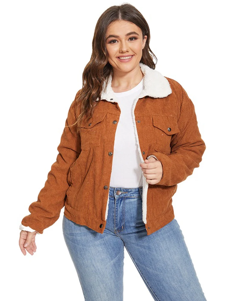 Vangull Women Winter Solid Long Sleeve Outerwear Female Vintage Short Lady Outwear Warm Corduroy Padded Jacket Thick Velvet Coa