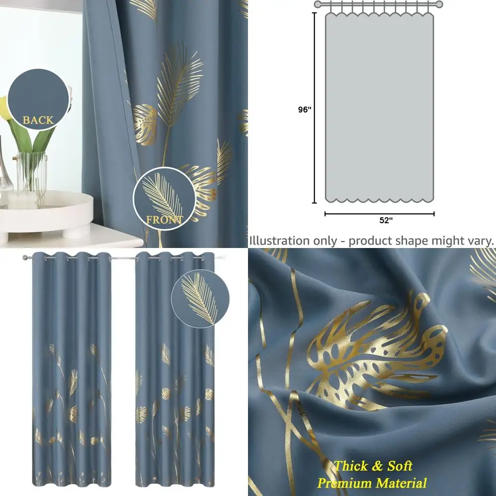 골드 팜 트리 프린트 암막 커튼, 96인치 길이, 단열, 52x96, 침실 및 거실용 2패널 세트