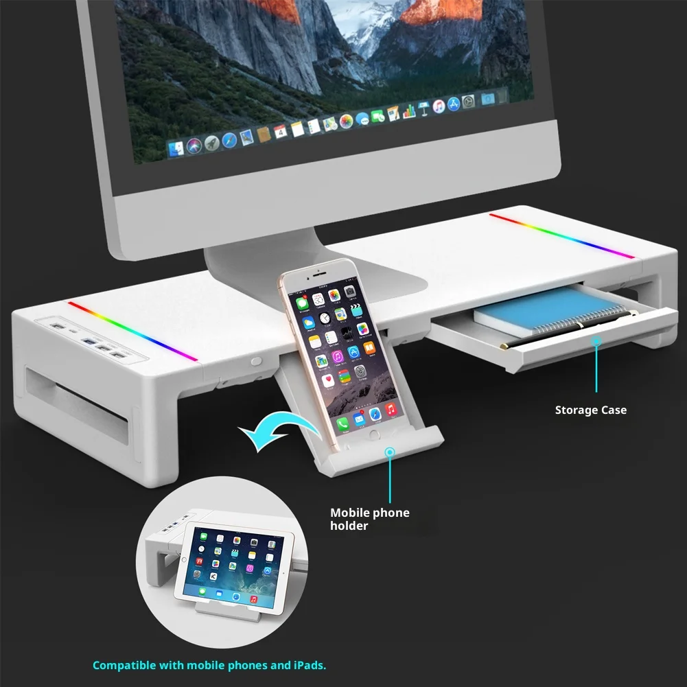 Monitor Stand Riser, With Foldable, Height Adjustable Computer Stand, Desk Shelf Riser with Storage Drawer &Tablet Phone