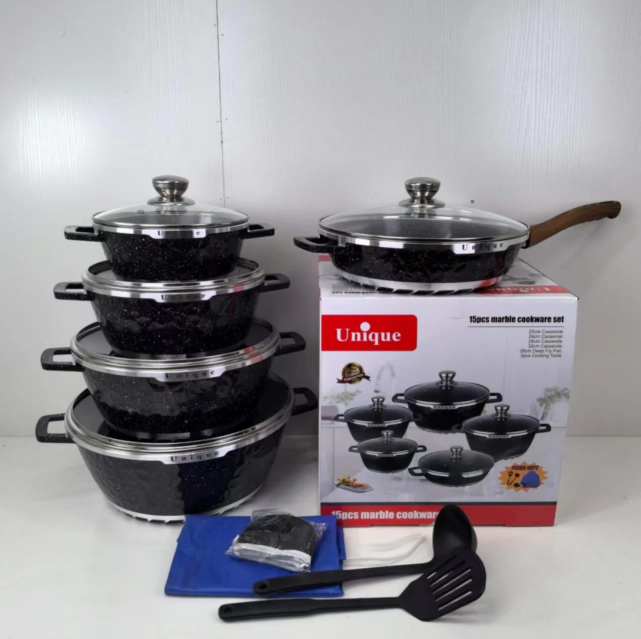 New Unique Hammer Pattern 15-Piece Set Non-Stick Metal Suit for Foreign Trade Die-Casting Maifan Stone Stock Pot Single Pot