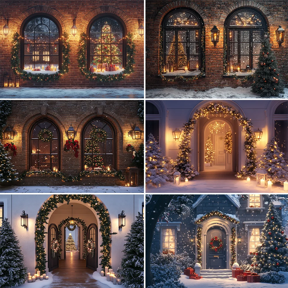 

Christmas Scene With Large Window Mountain Photography Backdrops New Year's Eve Family Party Gift Photo Studio Background