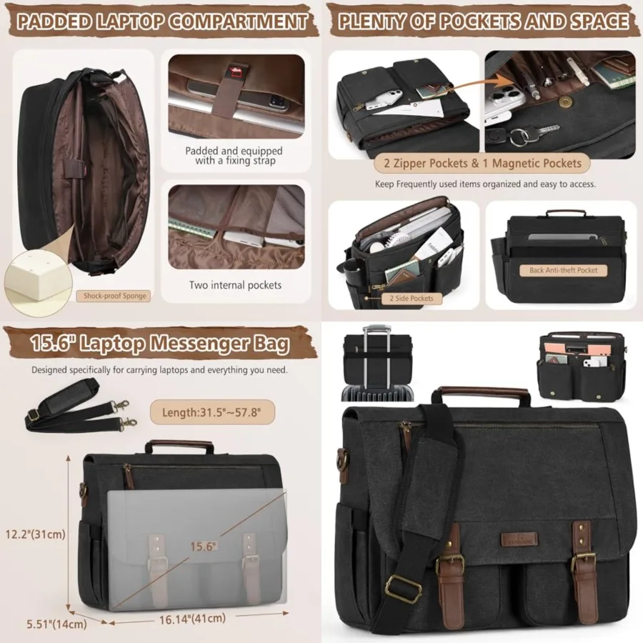 RAINSMORE Messenger Bag for Men - Laptop Bag Water-resistant Canvas Briefcase Computer Satchel for Work College