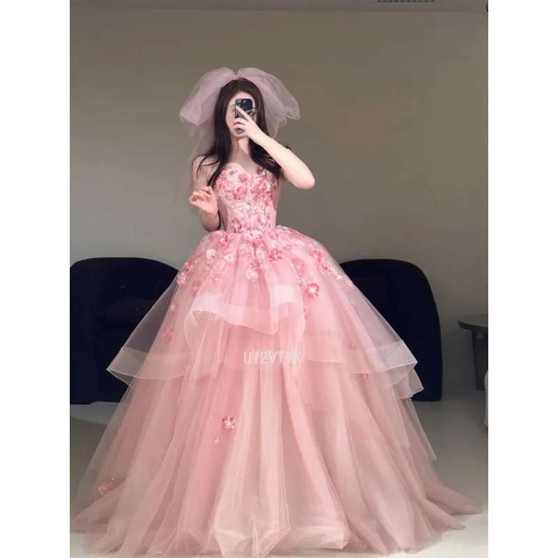Luxo floral appliqued vestido de festa de casamento feminino elegante rosa sem alças vestido de baile até o chão a linha puff vestidos de noite