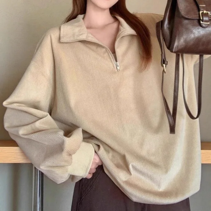 سترة نسائية عصرية بسحّاب وياقة على شكل V سترة خريفية فضفاضة غير رسمية بغطاء للرأس وأكمام طويلة بلوفرات مريحة للسيدات 2025