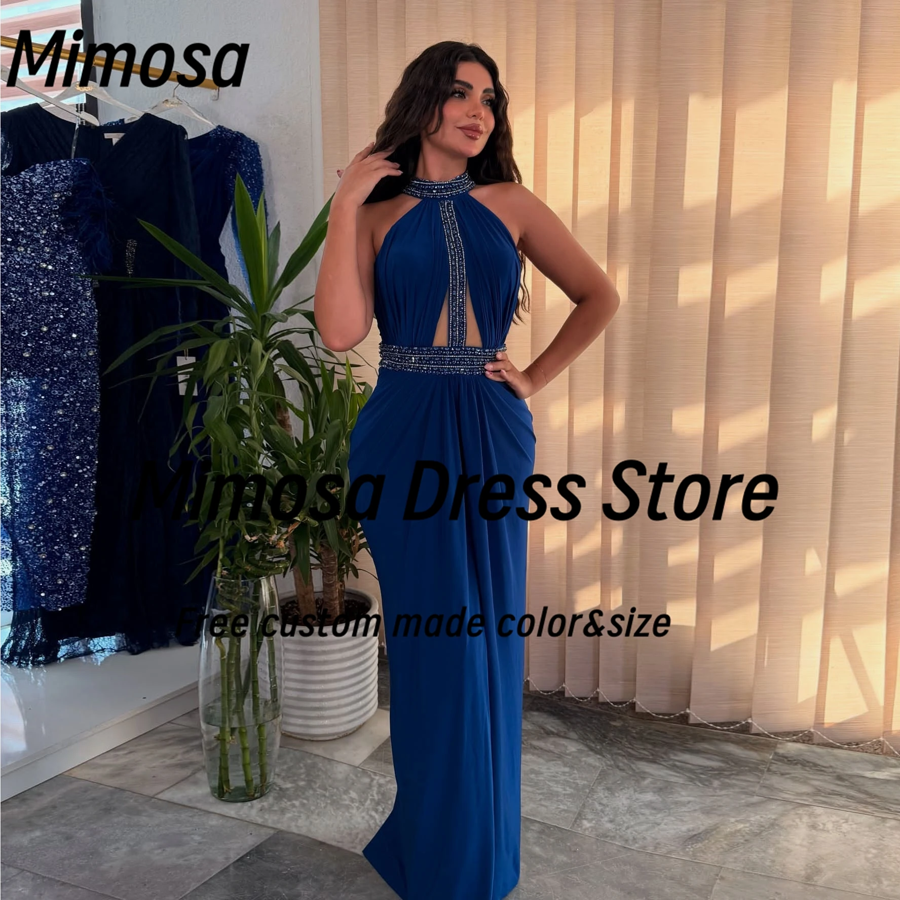 ชุดราตรีมิโมซ่าแบบยาวถึงพื้น คอแบบผูกเชือก ประดับด้วยลูกปัด พร้อมสายคาดเอว ชุดสำหรับโอกาสพิเศษ ผ้าจับจีบ ชุดราตรีงานเลี้ยง ชุดราตรีออกงาน สามารถสั่งตัดได้