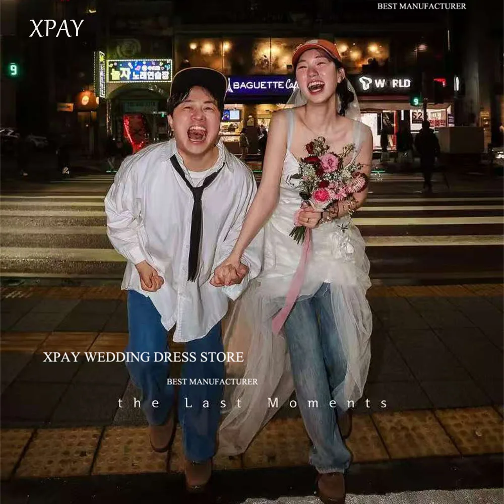 

XPAY Modern Strap Short Front Long Back Wedding Dresses Handmade Flowers Tulle Beach Bridal Gowns Korea Photo shoot Customized