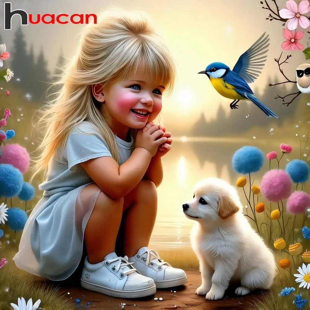 Huacan الماس الفسيفساء 5D فتاة صورة كامل مربع جولة الماس اللوحة الكلب الحيوان الطيور الديكور للمنزل