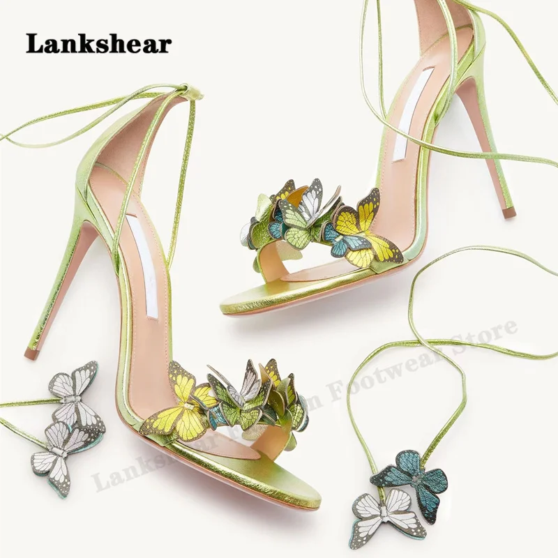 Butterfly Cross Strap High-Heeled Sandals Stiletto Summer Leather Flower Banquet Sexy Sandals for Women Plus Size 34-42