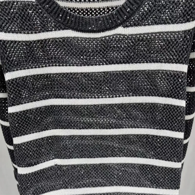 2025년 가을 신상 여성용 스웨터, 신축성 있는 슬림핏 긴팔 상의, 스팽글 혼방 라운드넥 풀오버 스트라이프 니트웨어