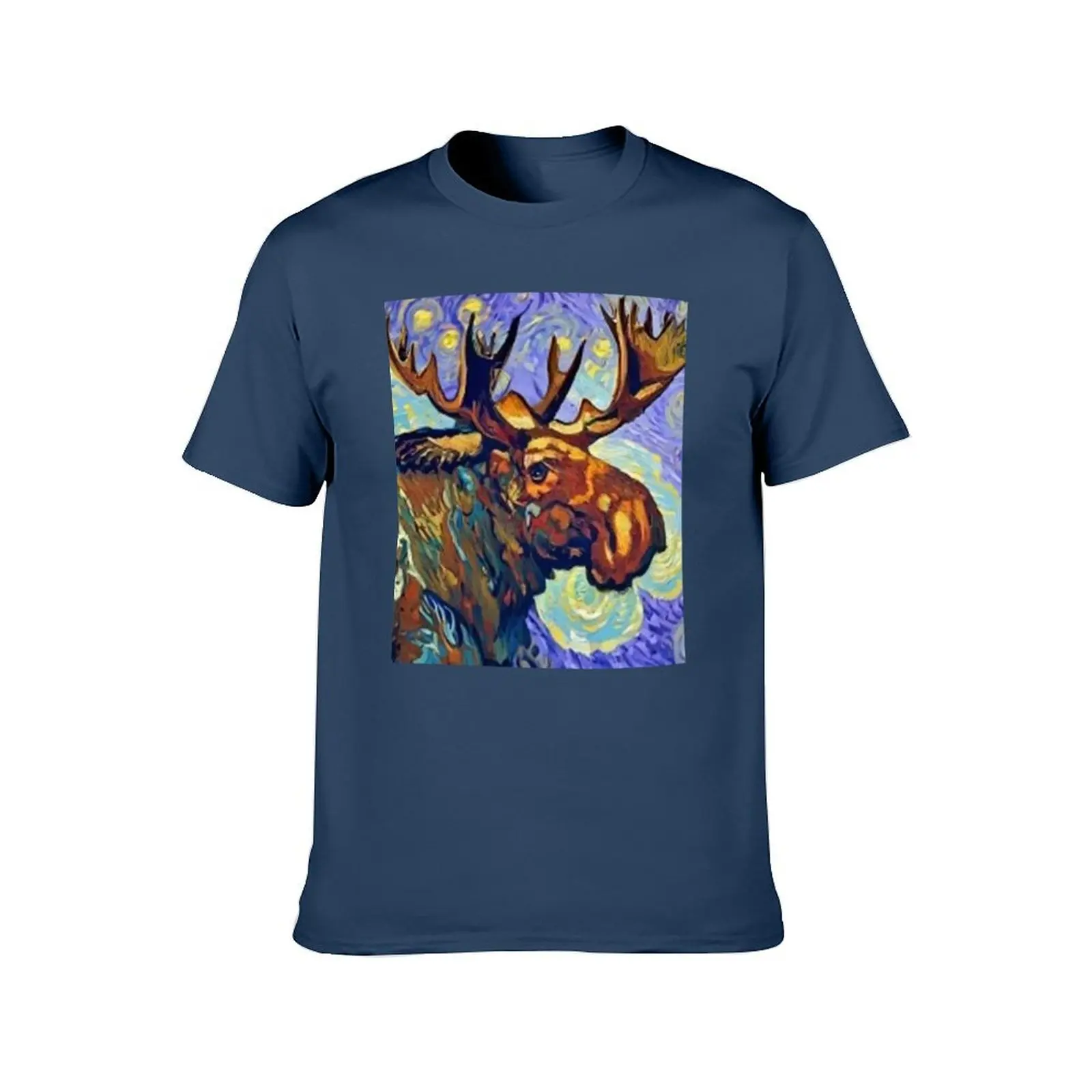 Funny Moose in Van Gogh Style Art T-Shirt blue lock aesthetic clothes mens designer t shirt