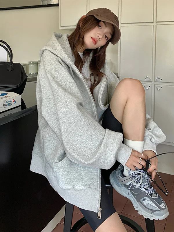Gray Hooded Zipper Loose Women's Sweatshirt Oversize American Style Jacket Autumn New Arrival Slimming Lazy Style Coat