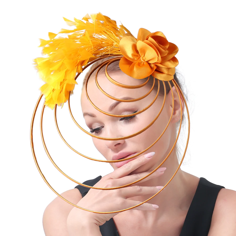 

Золотая шляпа-чародейка, свадебный церковный головной убор, женский головной убор для официального мероприятия, чайная шапка для вечеринки, элегантная шапка для невесты с перьями, Millinery Femme