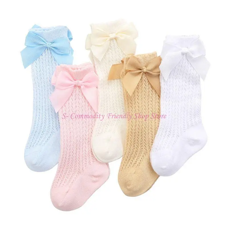 

85AE Colorful Baby Girls Knee High Socks Bowknot Dress Socks Pink Yellow White Cotton Tube Stockings 4 Colors Cotton