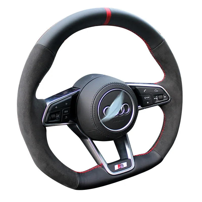 For Audi TT TTRS R8 Hand-stitched black genuine Leather suede non-slip car Steering Wheel Cover