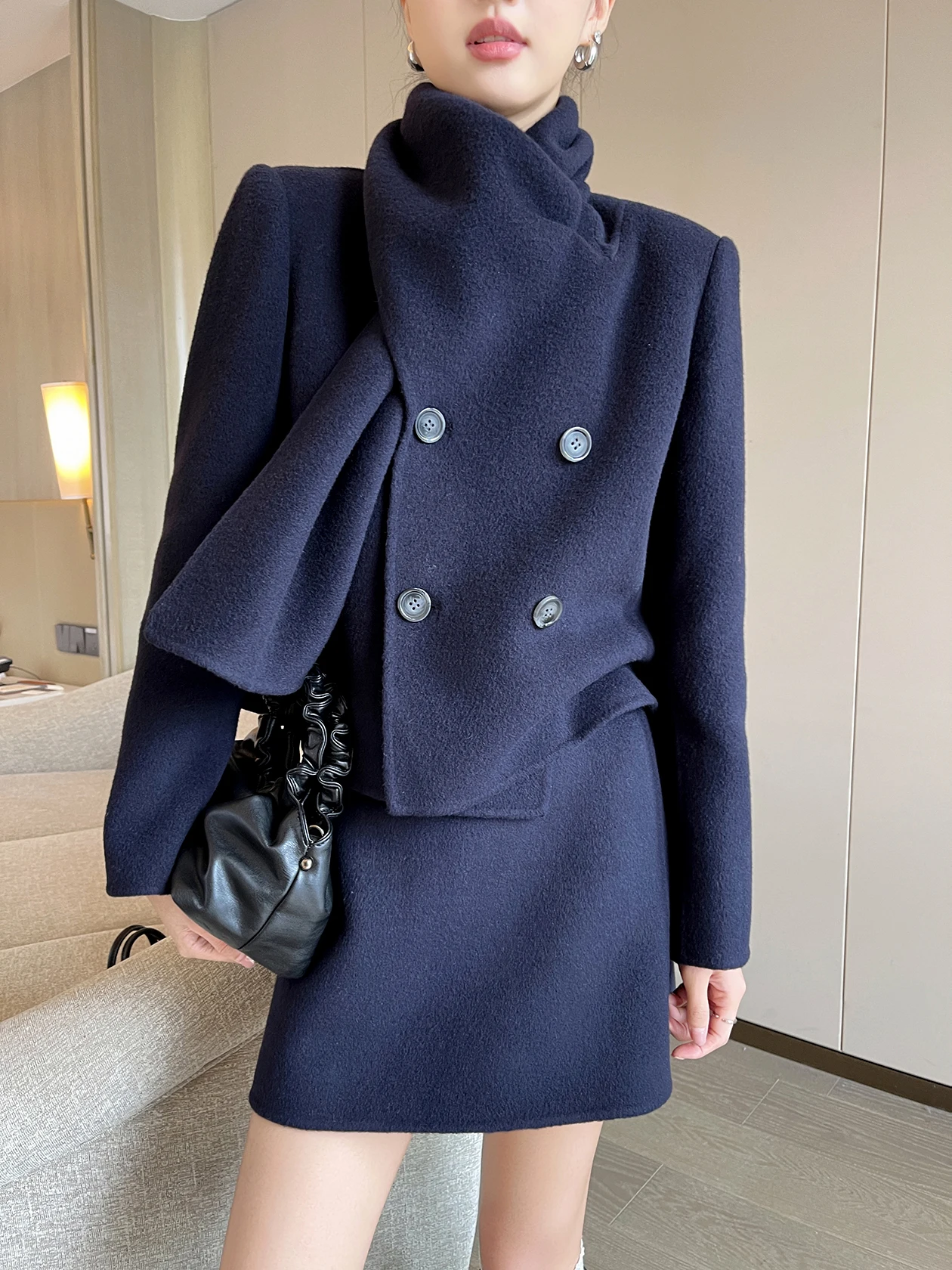 

Двусторонний шерстяной комплект из пальто и юбки Ele для женщин, зима 202, новинка Faion, одежда для взрослых с высокой талией или длиной