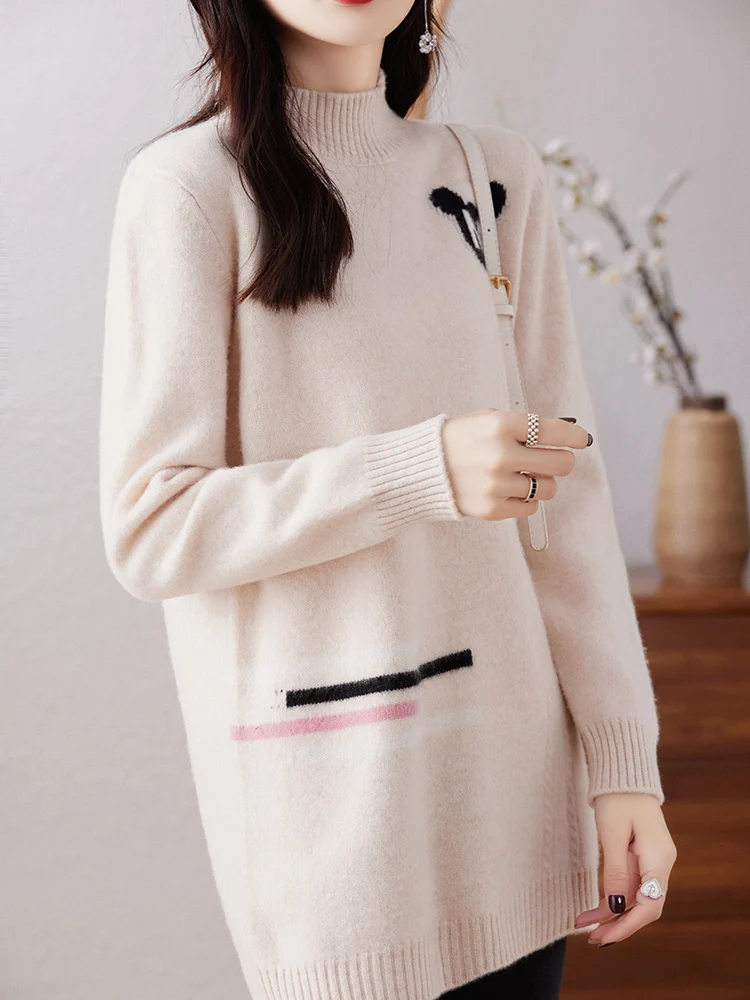 Women Mid-long Sweaters 100% Merino Wool High-quality Soft Wool Long Sleeve Half-high Collar Pullovers Autumn Winter Female Tops