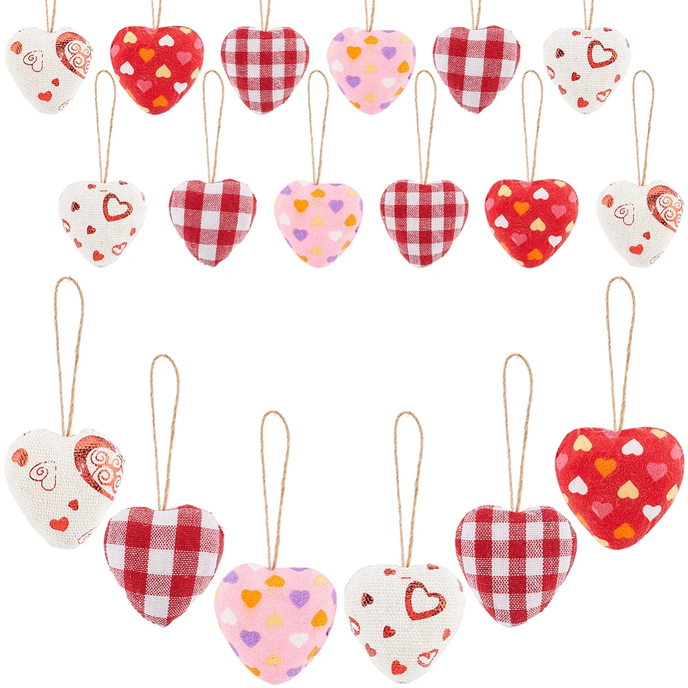 12PCS 6Styles Red Pink White Heart Shaped Fabric Ornaments Valentine Day Soft Plaid Checkered Hearts Foam Hanging Decoration