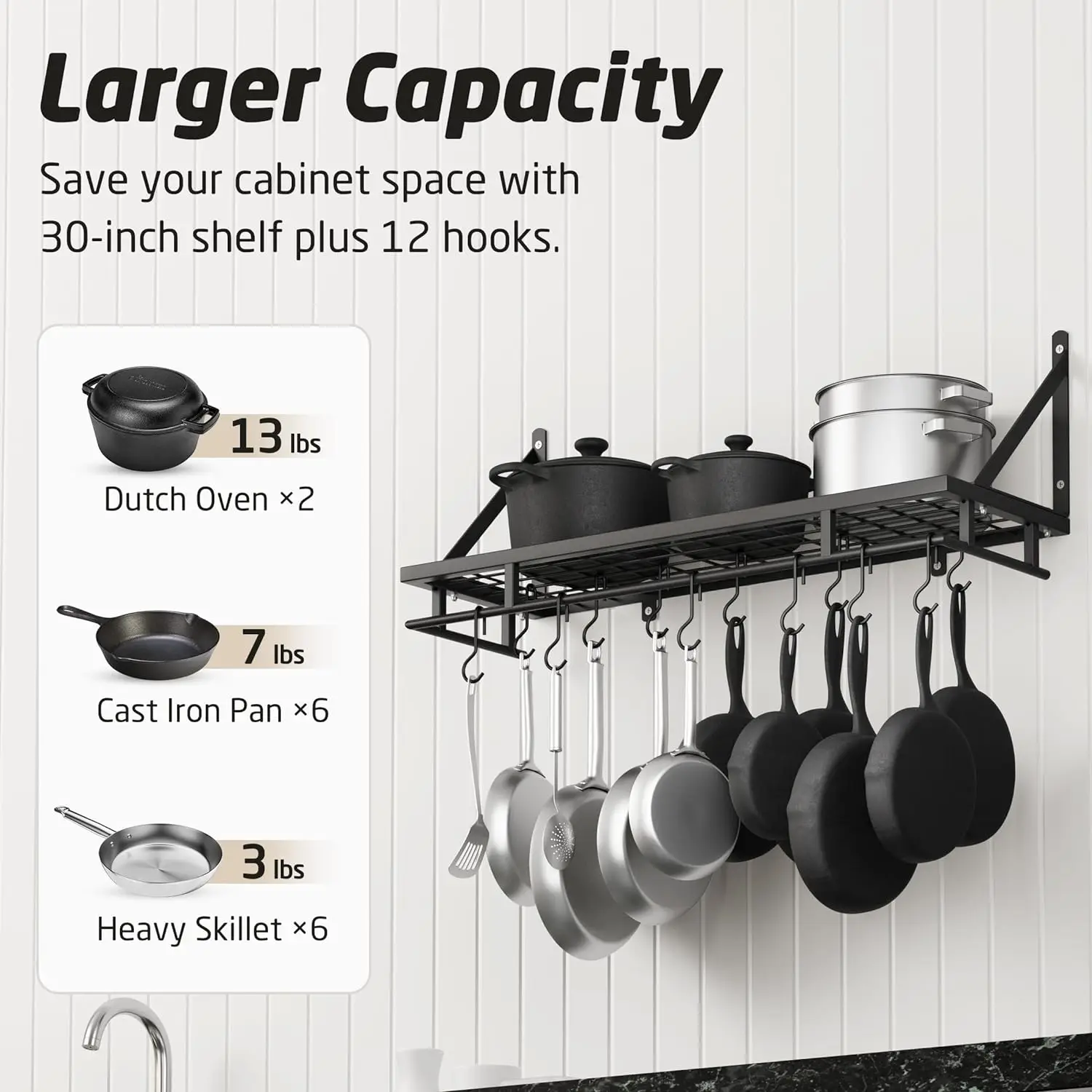 

30-Inch Kitchen Pan Pot Rack Wall Mounted Hanging Storage Organizer Wall Shelf with Hooks Matte Black,