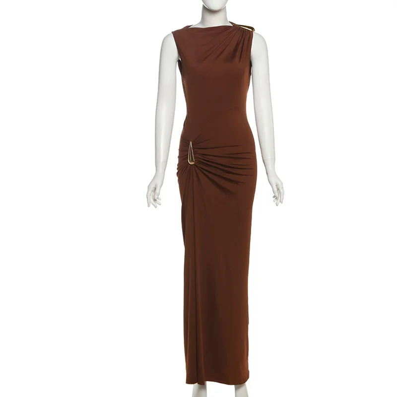 Jesienno-zimowa sukienka maxi bez rękawów w stylu Y2K, seksowna sukienka na imprezę, do klubu, obcisła, marszczona, metaliczna, długa sukienka urodzinowa, vestido, prezent