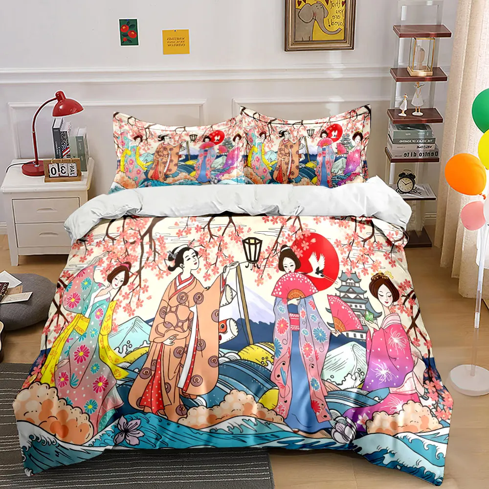 Japanese Ukiyo Geisha Lady Bedding Set,Cherry Blossom Mount Fuji Ocean Wave Kimono Women Print Duvet Cover Set,Oriental Art 3PC