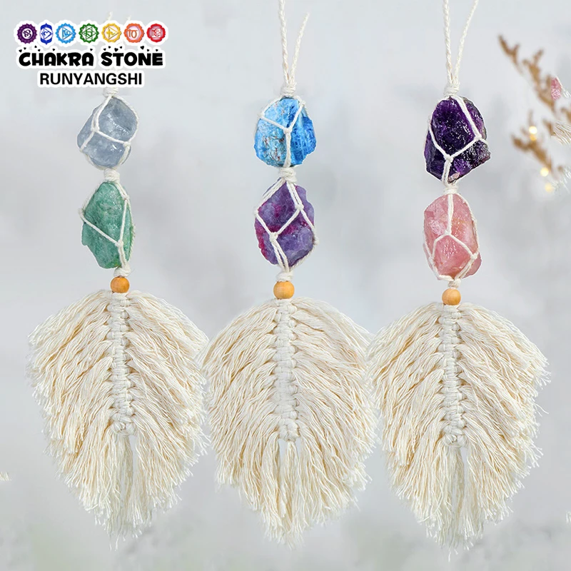 Natural Crystal Raw Stone Handmade Weave Dreams Catcher Car Hanging Pendant Healing Amethyst Window Ornament Home Decoration